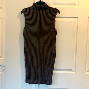 Brown Ribbed Sleeveless Turtleneck Dress